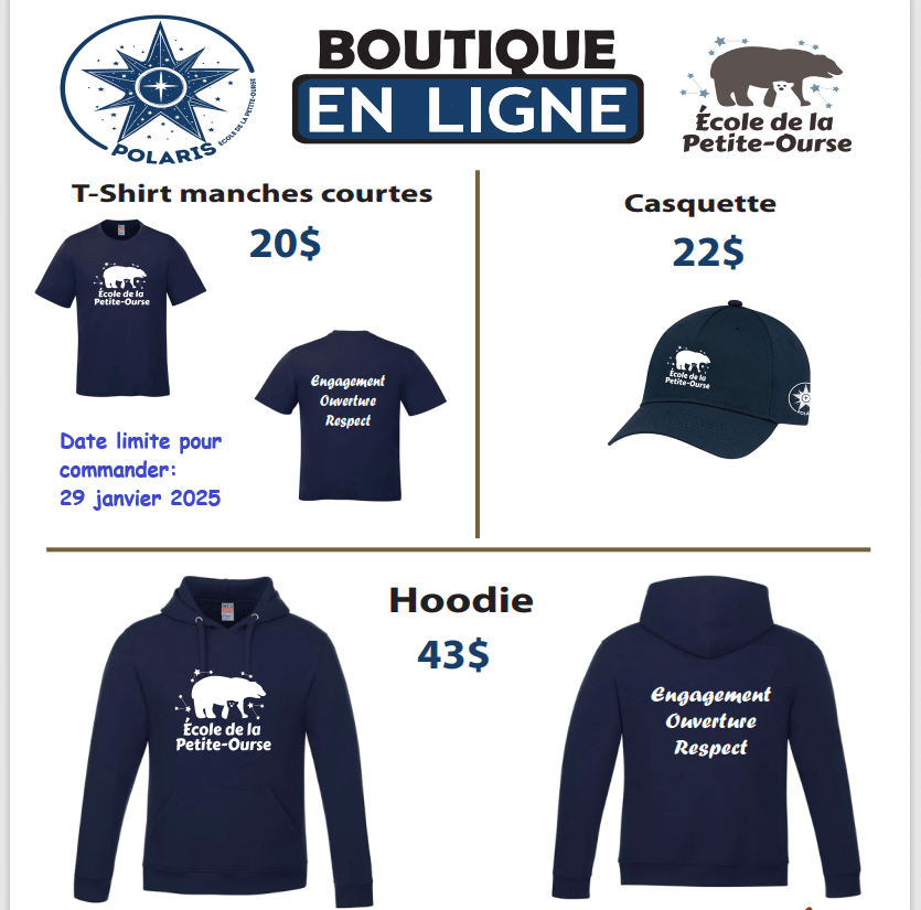 Campagne de financement - Vêtements à l'effigie de l'école 1 Boutique VSP Date limite